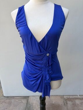 ROBERTO CAVALLI  Blue Sleeveless V-Neck Wrap Top w/ Ruffles and Rhinestones Sz 6